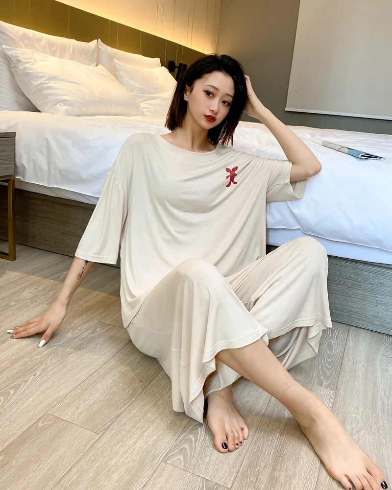 Cotton Pajamas Women Loose Short Sleeve Tops+ Wide Leg Pants 2 Piece Sets Womens Outfits Plus Size Suit Outwear Thin