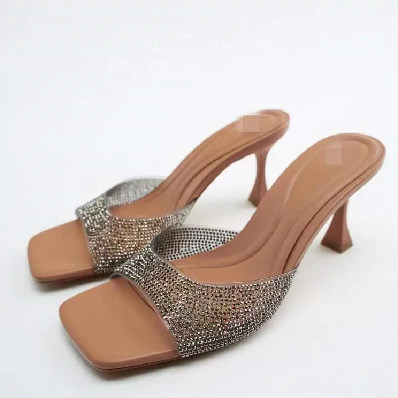 

Модные тапочки из ПВХ с квадратными главами, на тонком высоком каблуке, банкетное платье, Универсальные женские сандалии большого размера, весна/лето