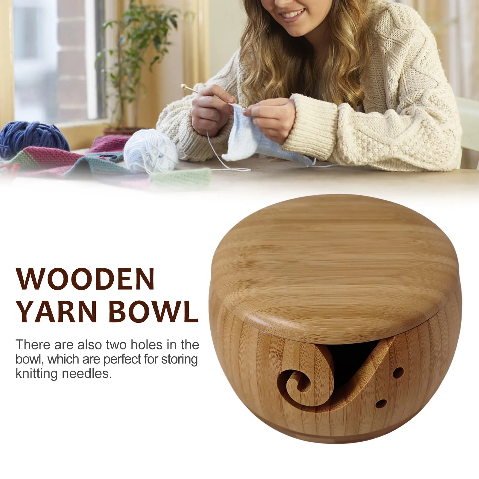 

Wooden Yarn Bowl Round Organizer Vintage With Lid For Knitting Crochet Supplies Portable Home Craft Gift Handmade Wool Storage