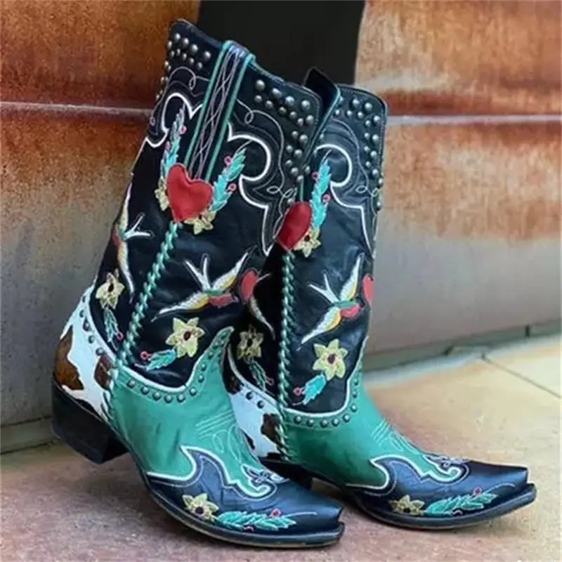 

Women Western Tall Boots Multicolor PU Pointed Toe Thick Heel Exquisite Embroidered Rivets Fashion Street Retro Rider Boots
