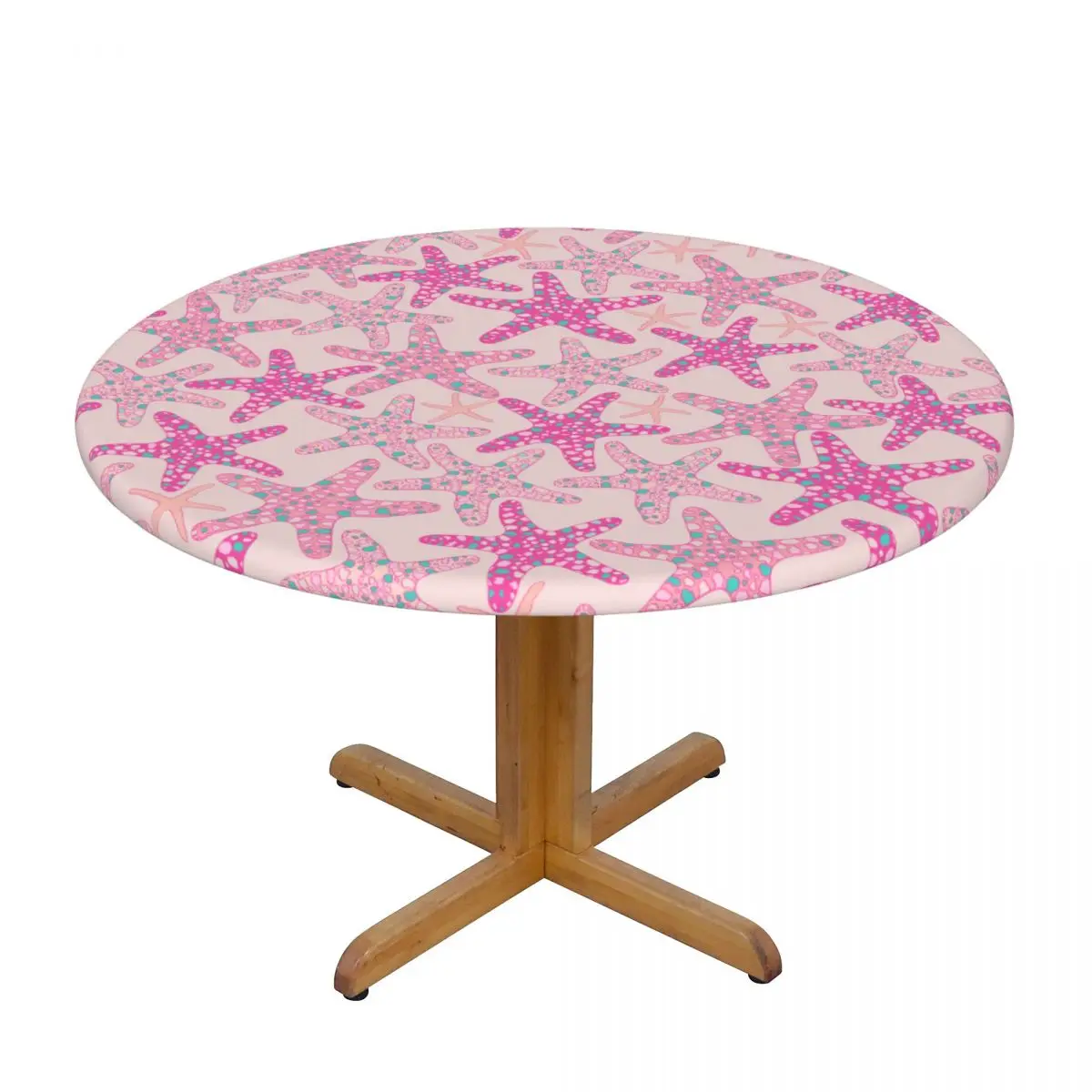 

Round Table Cover Cloth Protector Polyester Tablecloth Pink Starfish Fitted Table Cover with Elastic Edged