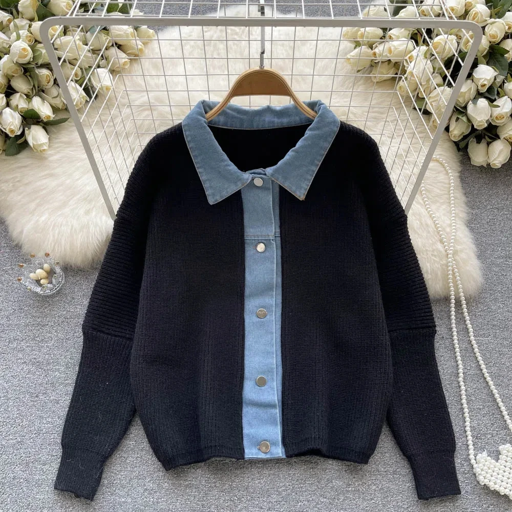 

Women Casual Denim Spcling Knitted Jacket Fall Long Sleeve Single Breasted Warm Soft Sweater Cardigan High Quality Knitwear Coat