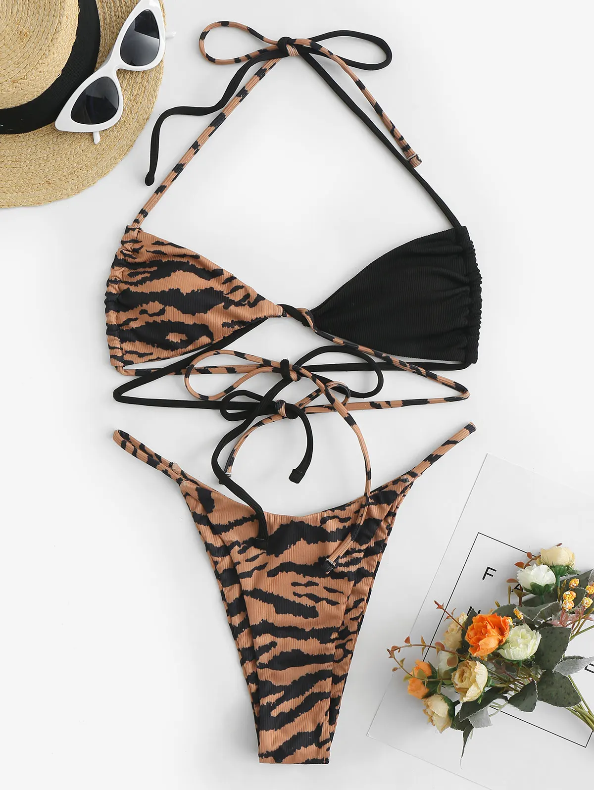 

Женский купальник-бикини в рубчик, с принтом животных