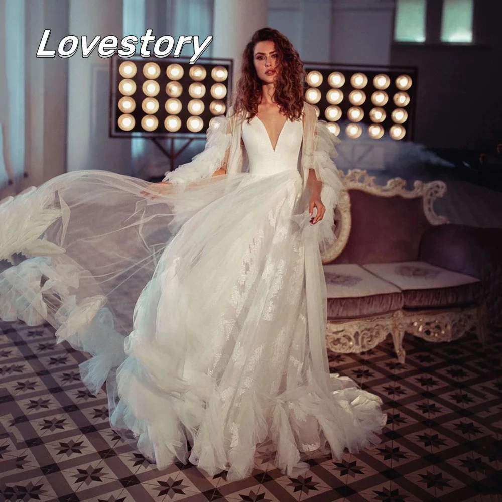 

Graceful A Line Lace Wedding Dresses V Neck Bride Robes Long Puff Sleeves Bridal Gown Appliques Sexy Backless Vestidos De Novia