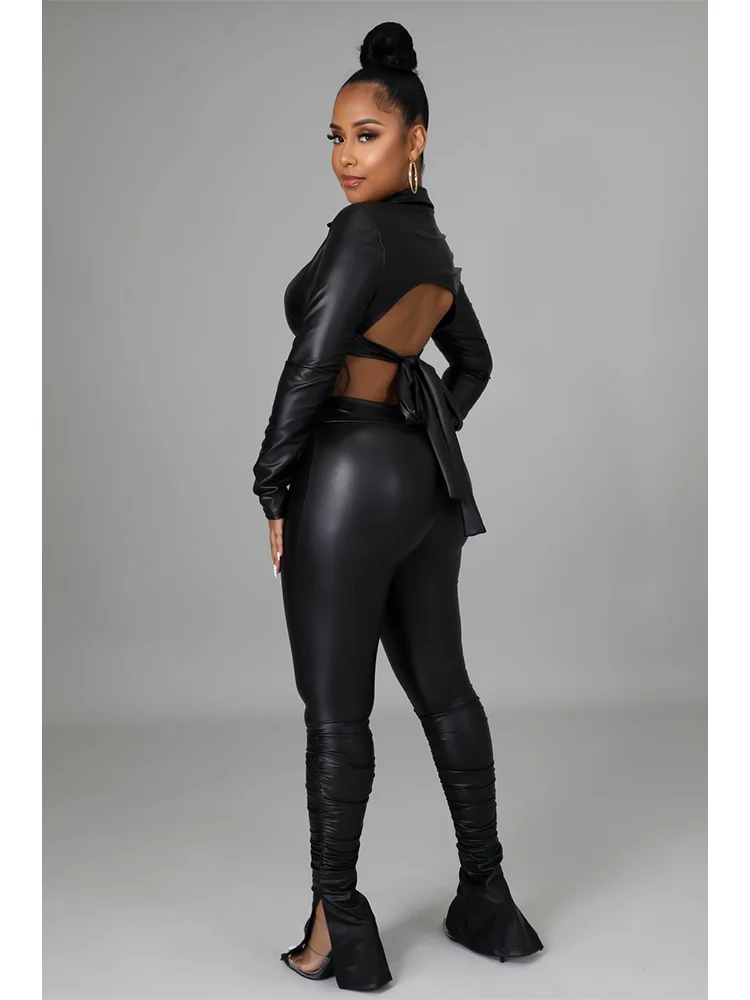 

Women's two-piece clothing pants set, backless sexy PU top and tight wide legged pants women's set