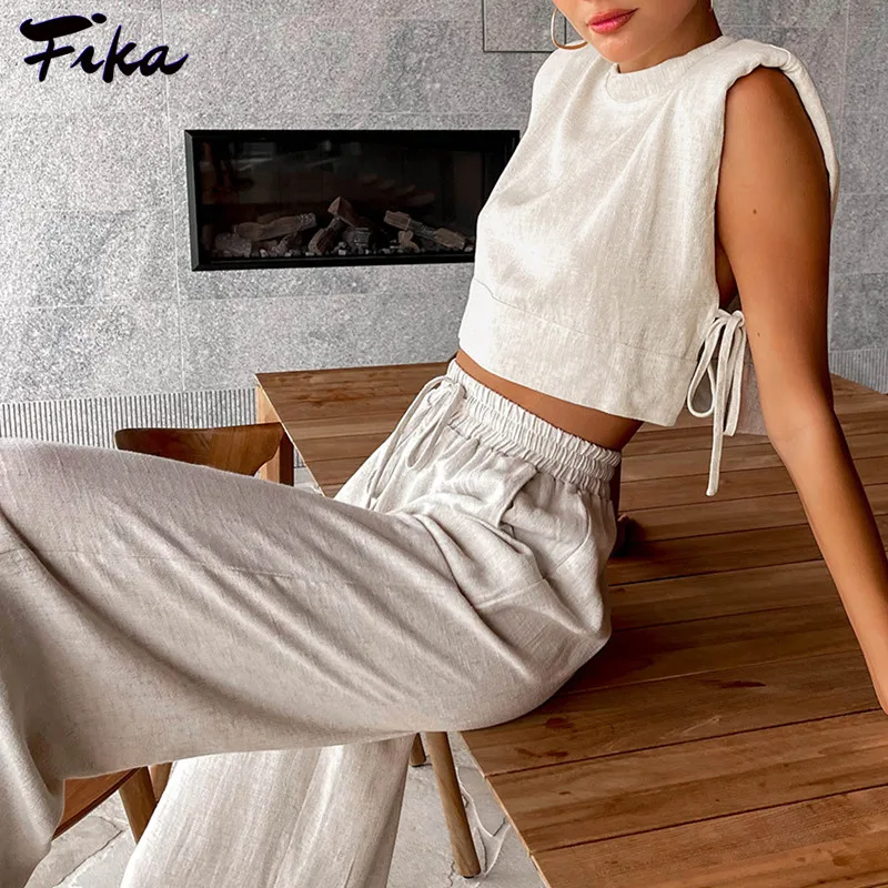 

Summer Sleeveless Loose Crop Top and High Waist Wide Leg Pant 2 Piece Sets Womens Outfits Casual Solid Cotton Linen Pant Suits
