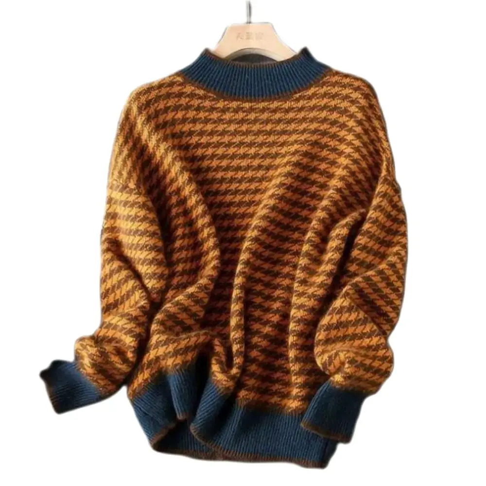 

Pullovers Women Jumpers Houndstooth Half-Turtleneck Loose Soft Long Sleeve Knitted Elegant Vintage Retro Biritish Lady Sweaters