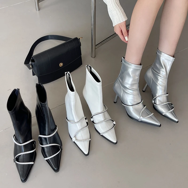 

Zipper Autumn Ankle Western Boots For Ladies Female Shoes Fashion Footwear 2023 Rhinestones Pointed Toe Women Heels Short Boots