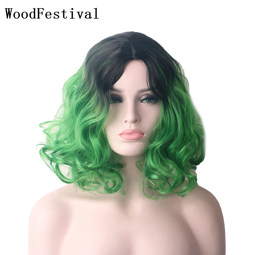 

WoodFestival Short Wigs Synthetic Hair Party Cosplay Wig Curly White Women Halloween Black Ombre Green Burgundy Fiber Female
