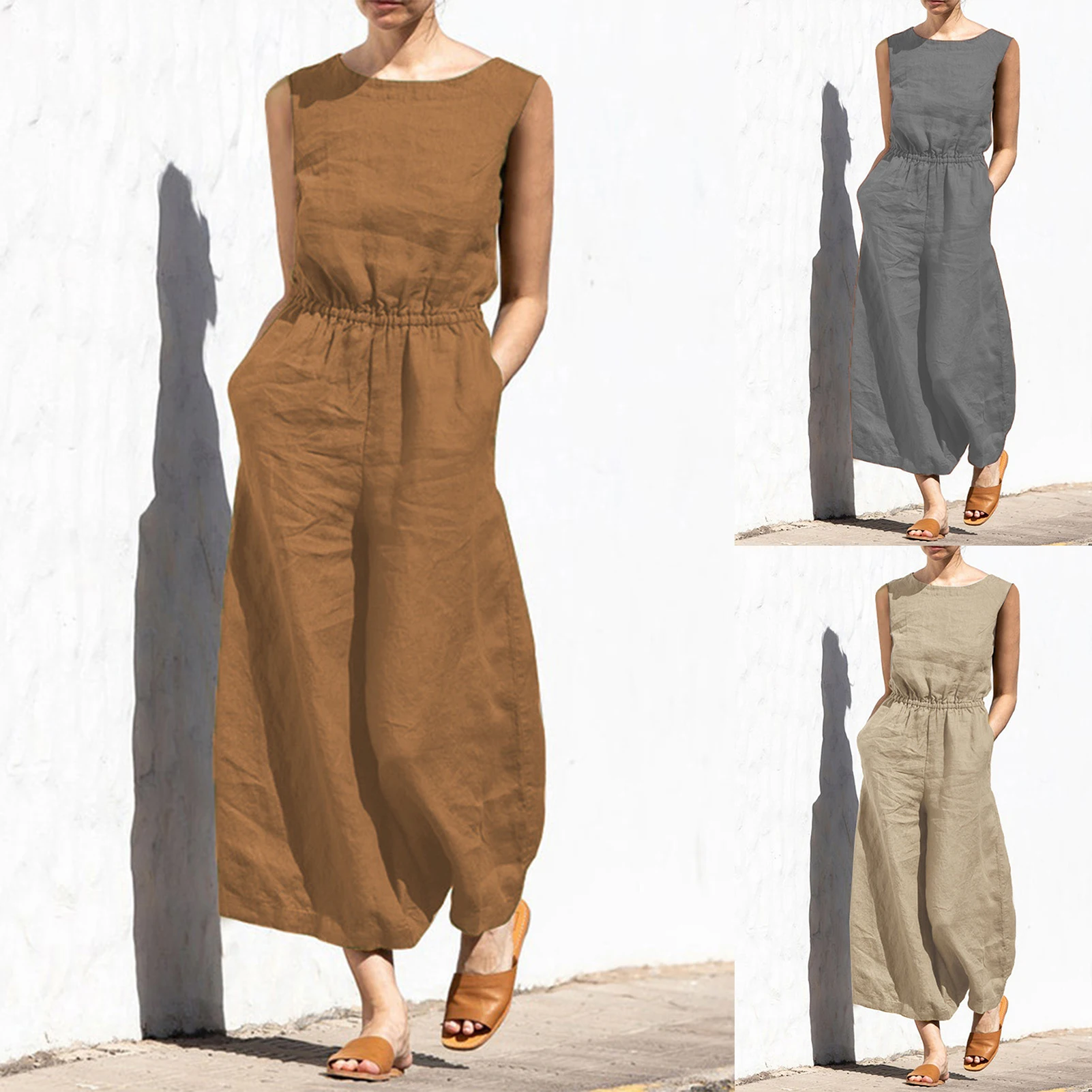 

Summer Wide Leg Rompers Women Solid Color High Waisted Elegant Ankle-Length Pants with Pocket Loose Casual Jumpsuits