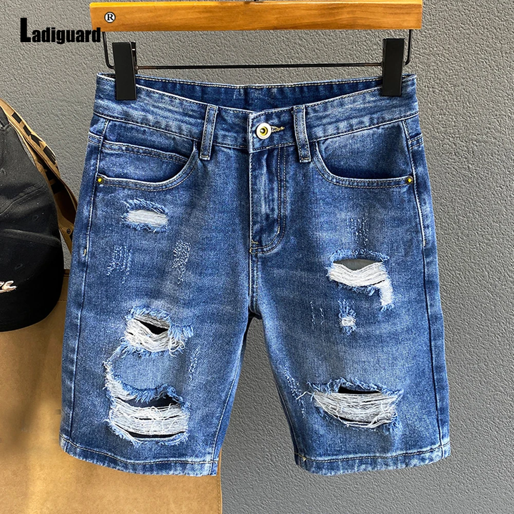 Ladiguard Plus Size Men Fashion Mid Waist Crimping Denim Shorts Light Blue Vintage Hole Ripped Short Jeans Male Summer Hotpants
