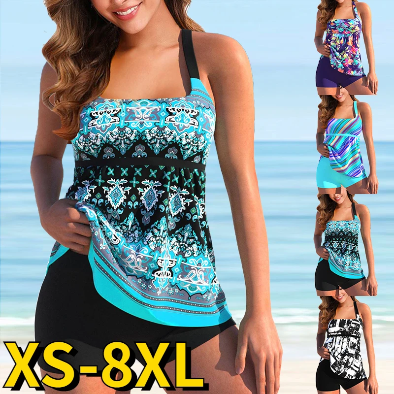 

2023 New Women Print Tankini Swimwear Swimsuit Bikini Set Summer Loose Monokini Bathing Suit Ladies Retro Beach Wear Bikini