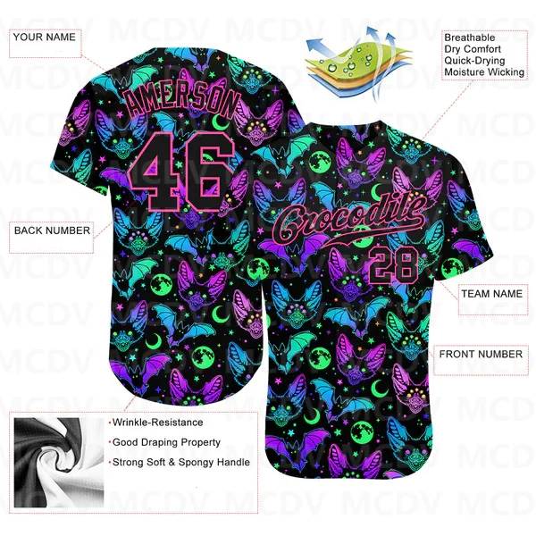 

Custom 3D Pattern Bright Multicolored Halloween Bats Authentic Baseball Jersey