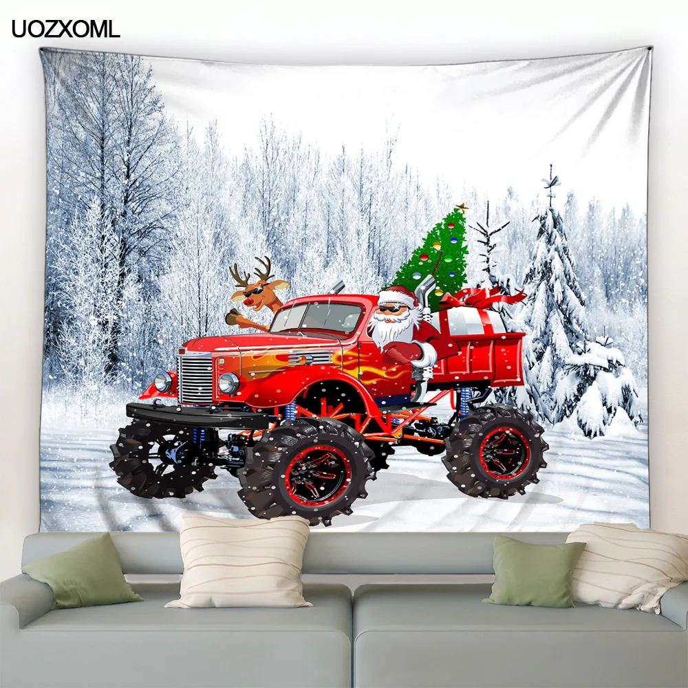 Christmas Tapestry Red Truck Xmas Tree Snowman Winter Forest Landscape New Year Holiday Home Living Room Decoration Wall Hanging