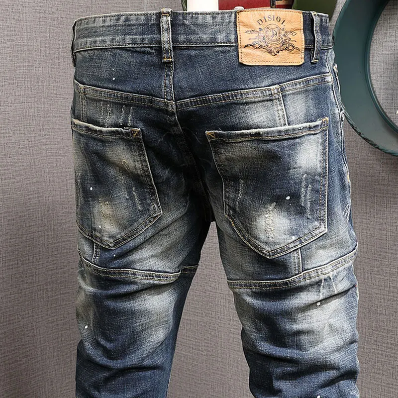 Street Fashion Men Jeans Retro Washed Blue Elastic Stretch Slim Fit Ripped Jeans Men Spliced Designer Hip Hop Biker Pants Hombre