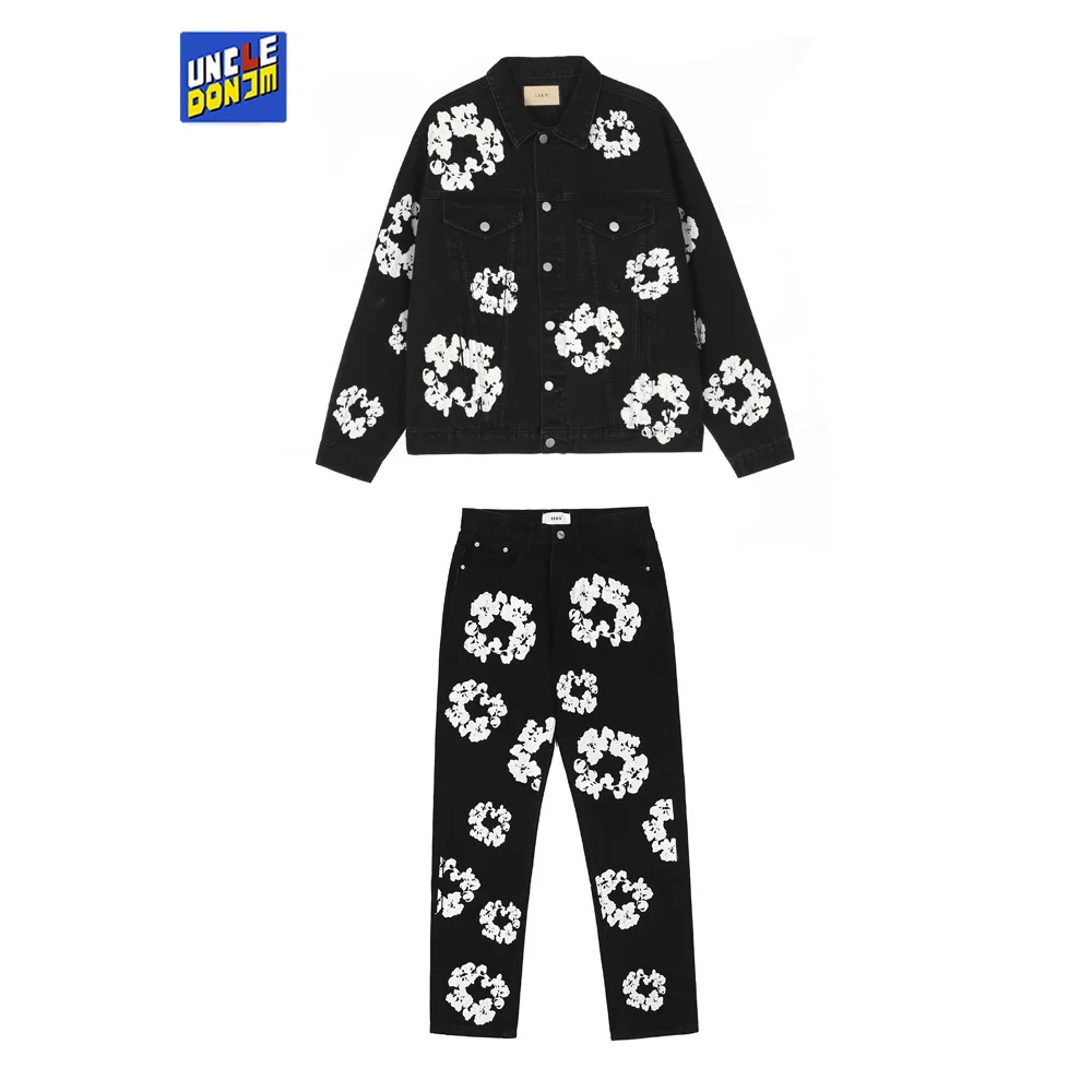 

UNCLEDONJM Flower vintage denim men sets high street Harajuku two piece set korean fashion men clothing set 2 piece sets