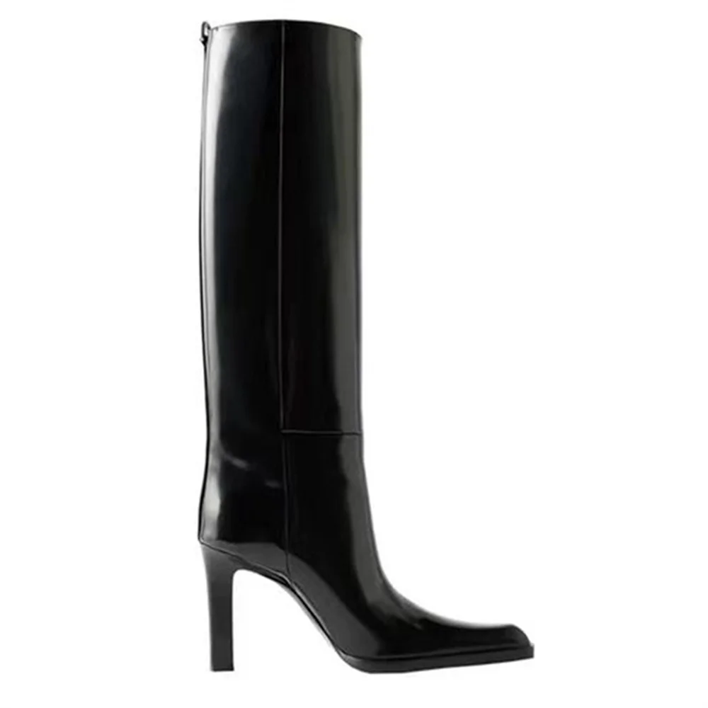 

Женские сапоги до колена на высоком каблуке-шпильке, с квадратным носком и молнией сзади