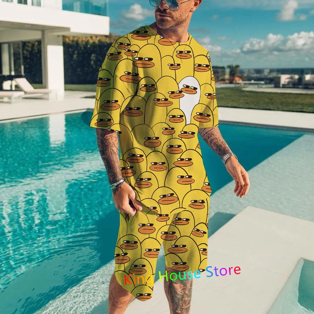 Fashion Sportswear Suit Set Men's Luxury 3D Cartoon Duck Streetwear Summer T Shirt Shorts 2 Piece Set Men Oversized Clothing Set