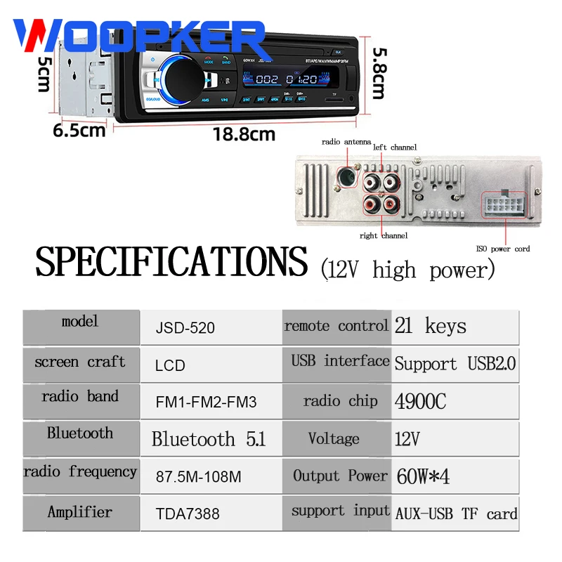 

Автомобильная магнитола Woopker, стерео-система 1 Din с поддержкой USB/SD, AUX и Bluetooth