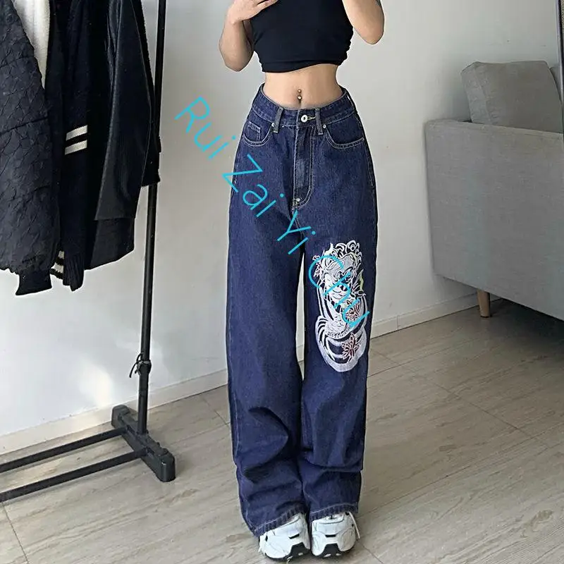 Retro National Tide Unilateral Pattern Embroidery Handsome Women's Jeans Straight Casual Loose Wide-Leg Pants American New Y2K