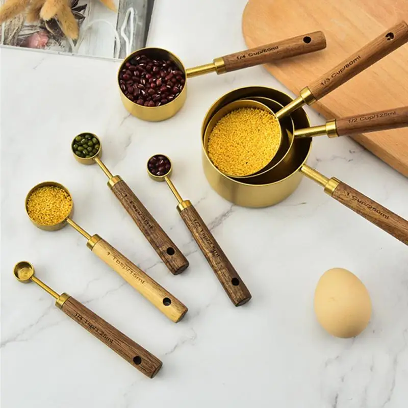 

Eight-piece Set Kitchen Baking Tool Scale Measuring Spoon Set Acacia Wooden Handle Stainless Steel Measuring Cup Measuring Spoon