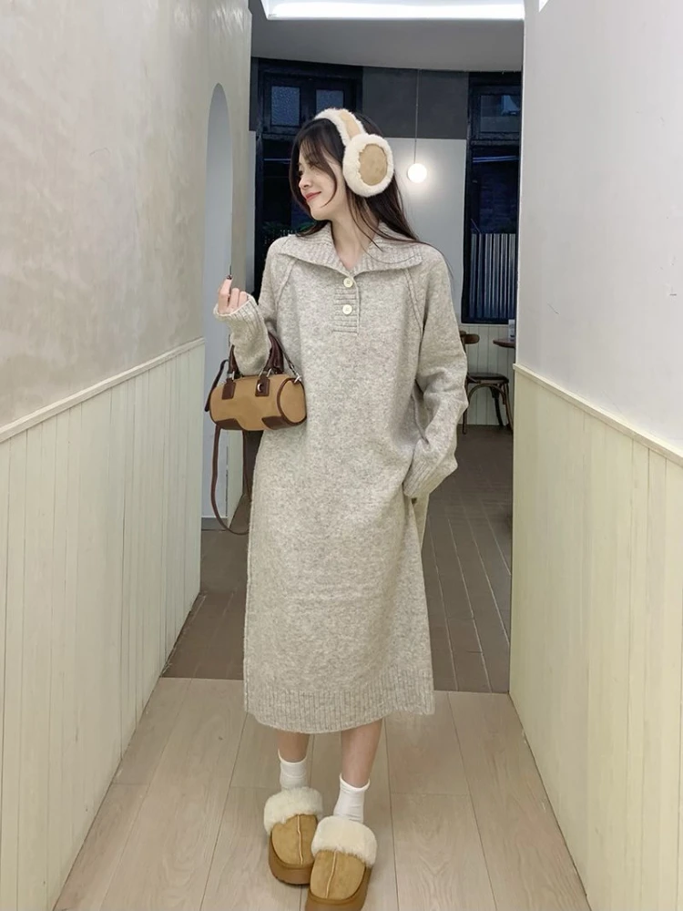 

Deeptown Korean Style Midi Knitted Dress Women Vintage French Elegant Long Sleeve Dresses Casual Basics Loose Vestidos Winter