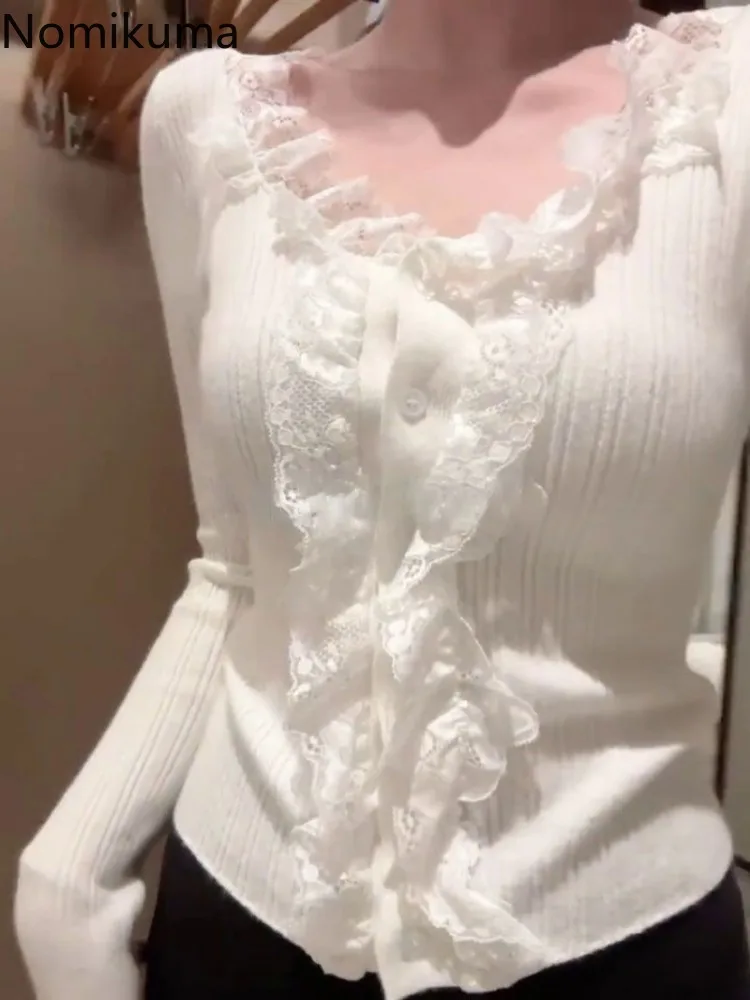 Белый кардиган топы женская одежда Sueter Mujer лоскутное кружево облегающий свитер