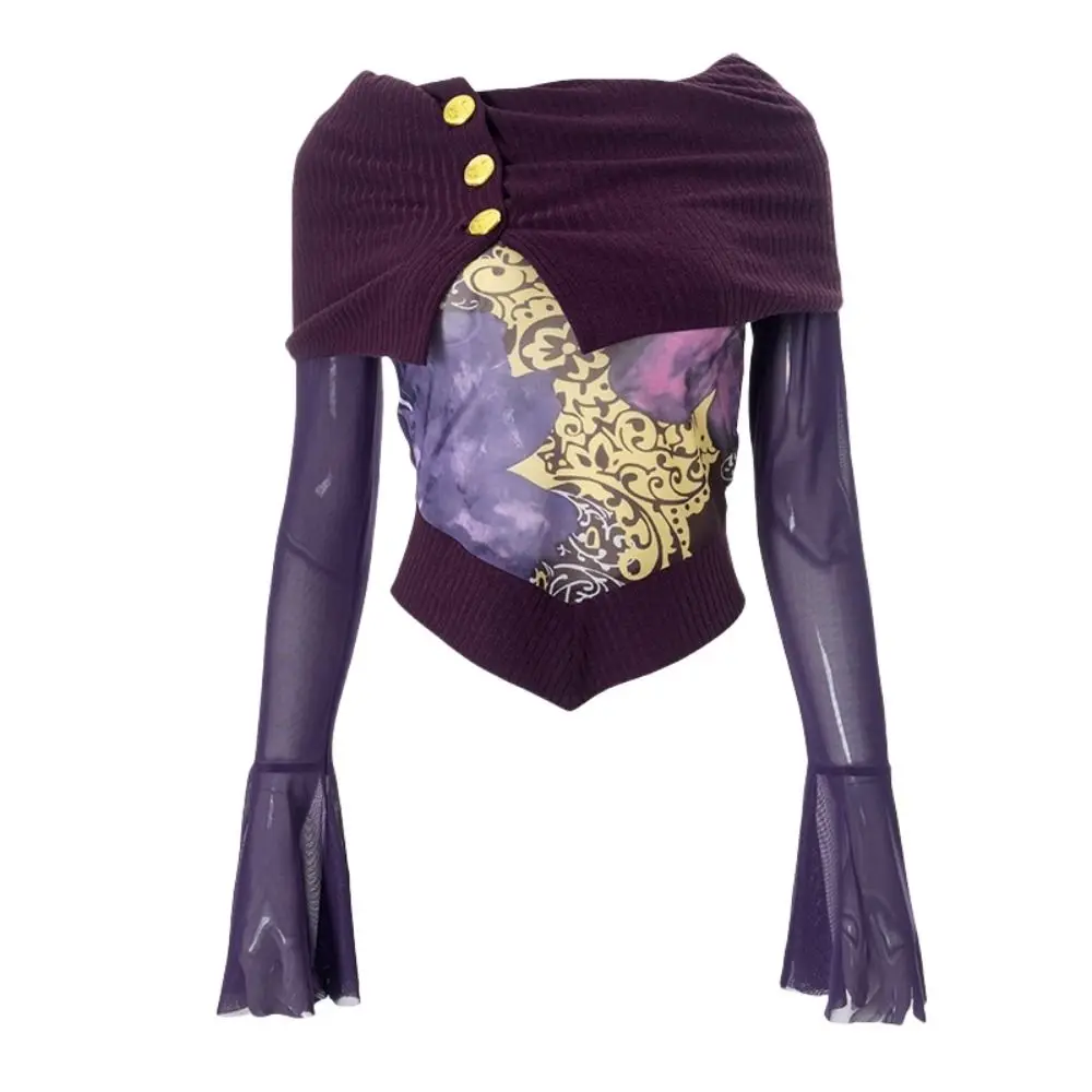 Модный фиолетовый топ с открытыми плечами расклешенные рукава лоскутный