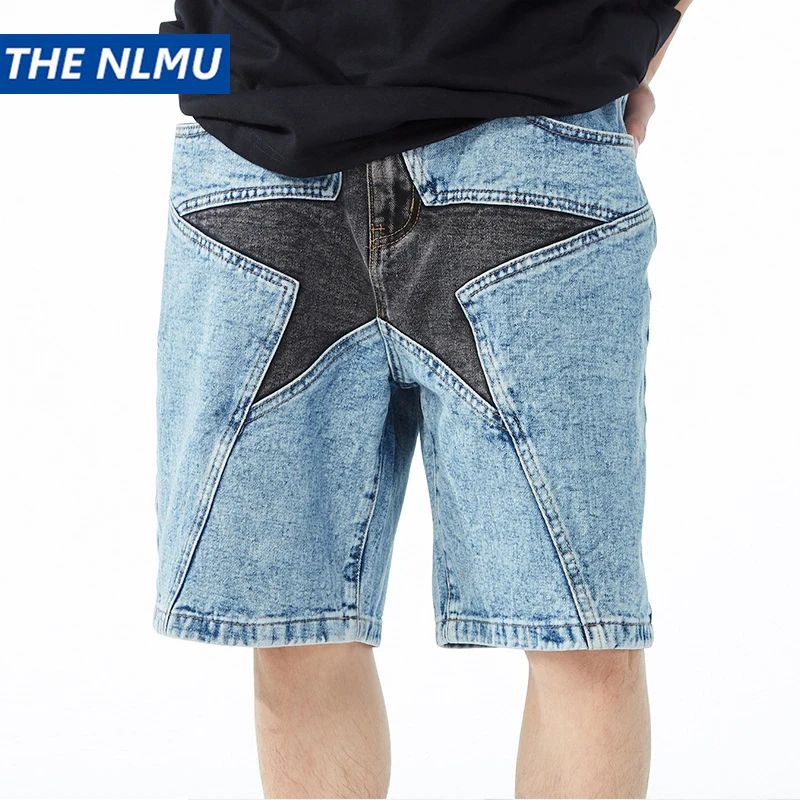 

Men's Blue Denim Shorts 2023 Summer Casual Star Patchwork Jeans Shorts Harajuku Streetwear Hip Hop Short Pants