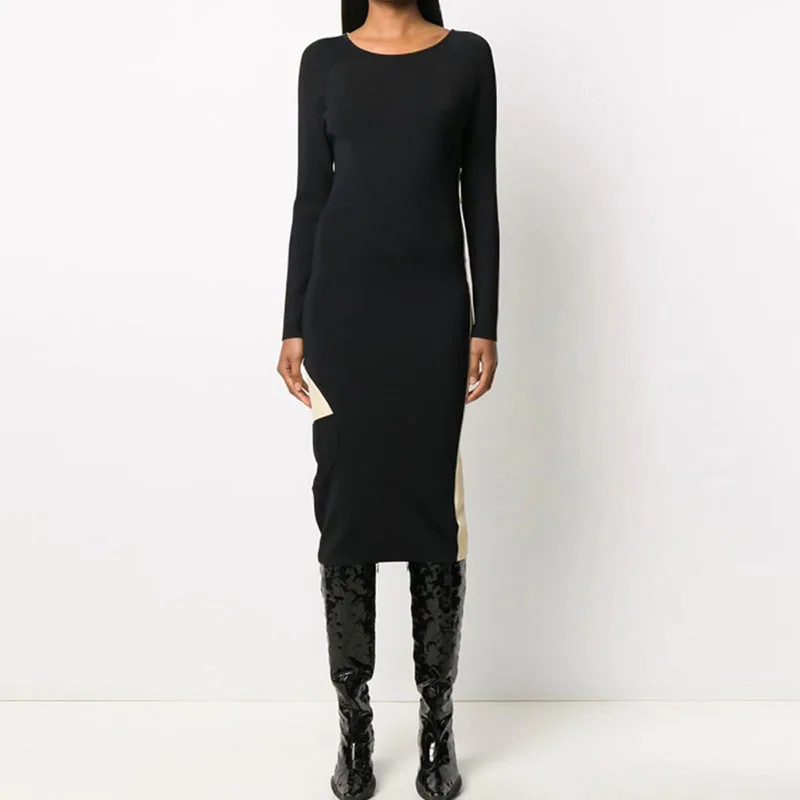 

New autumn 2023, contrasting color stitching, sexy backless, round neck long sleeves, threaded knit, medium length, dress, y2k