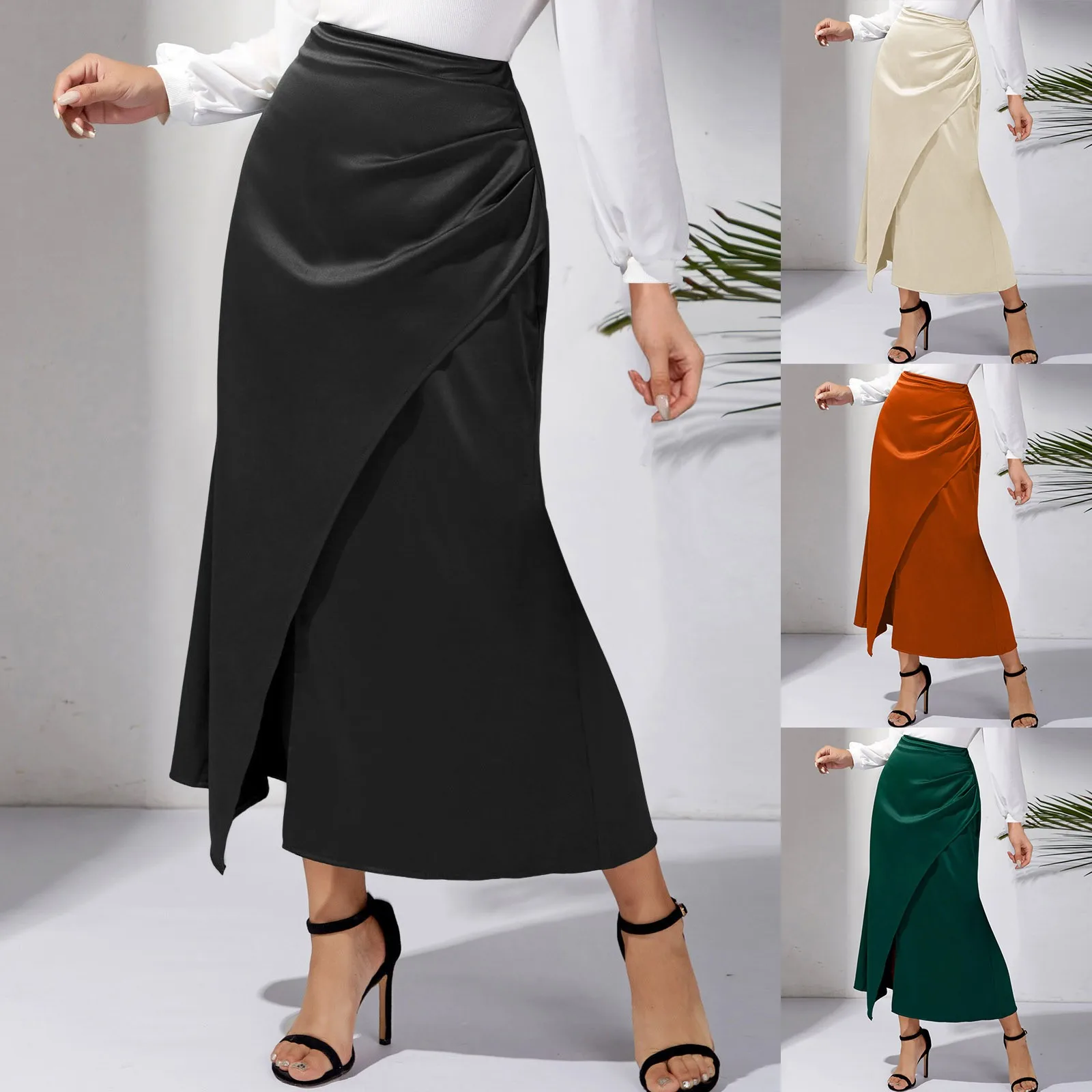 

Женская атласная плиссированная юбка с высокой талией, длинная юбка в европейском и американском стиле, однотонная плиссированная джинсовая мини-юбка на молнии