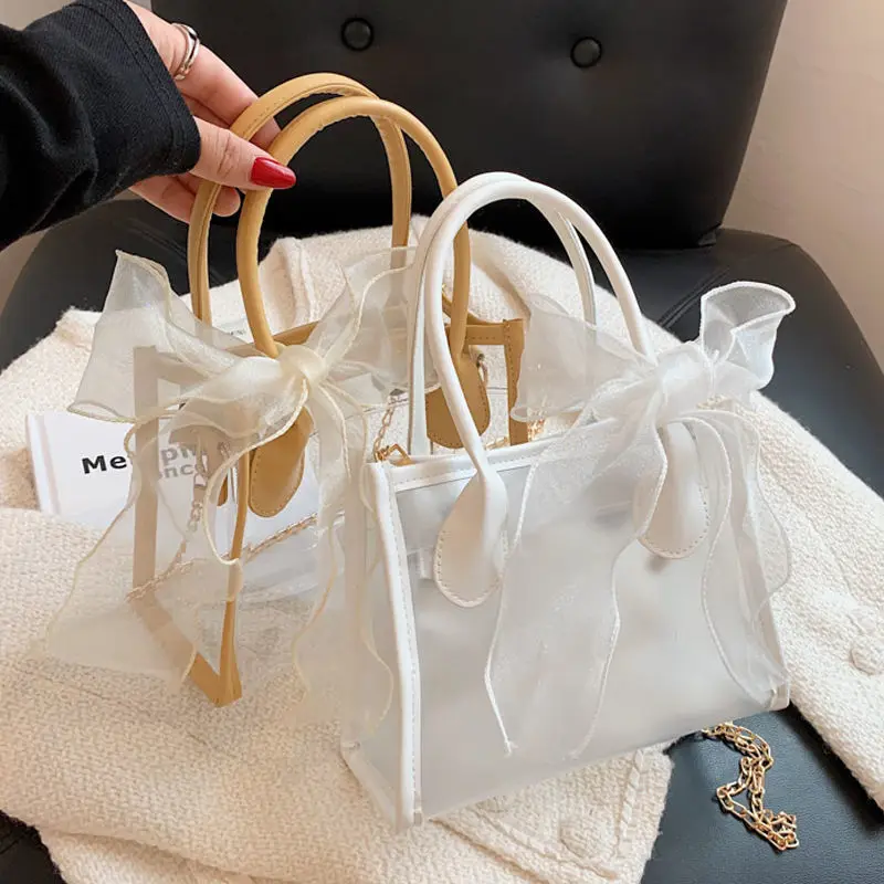 

MBTI Versatile Hand Bag for Women 2023 Summer Korea Fashion Transparent Jelly Texture Bolso Ribbon Bow Crossbody Bag