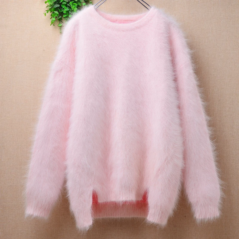 

04 Ladies Women Fall Winter Sweet Pink Hairy Plush Mink Cashmere Knitted Long Sleeves O-Neck Loose Pullover Jumper Sweater Pull