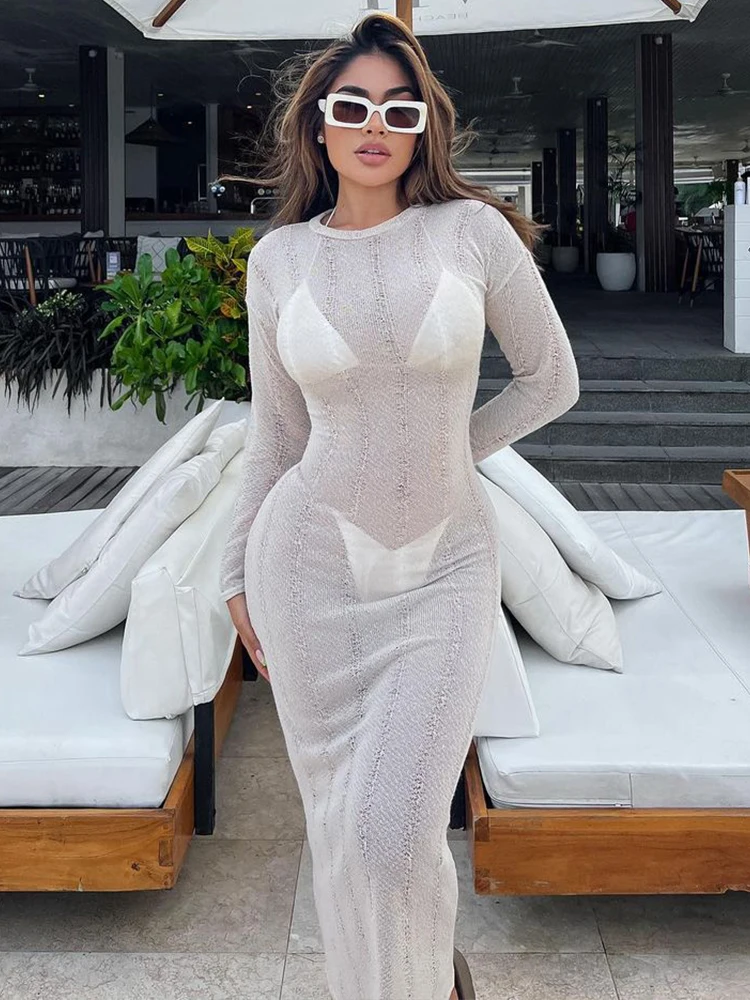 

Sunny Autumn Knitted Crochet Sexy Y2K Clothes Long Sleeve Bodycon Midi Dresses For Women 2022 Club See Through Elegant Outfits