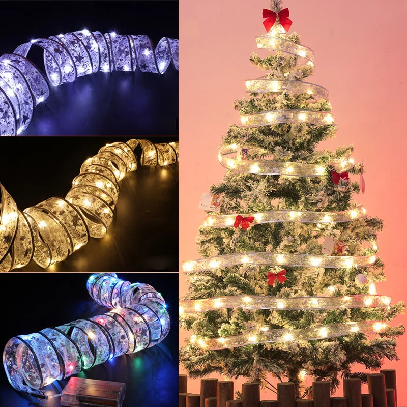 

2023 New Year Christmas Decoration for Home Copper Wire Led Lights String Ribbon Lights Bow Ribbon Christmas Tree Decoration