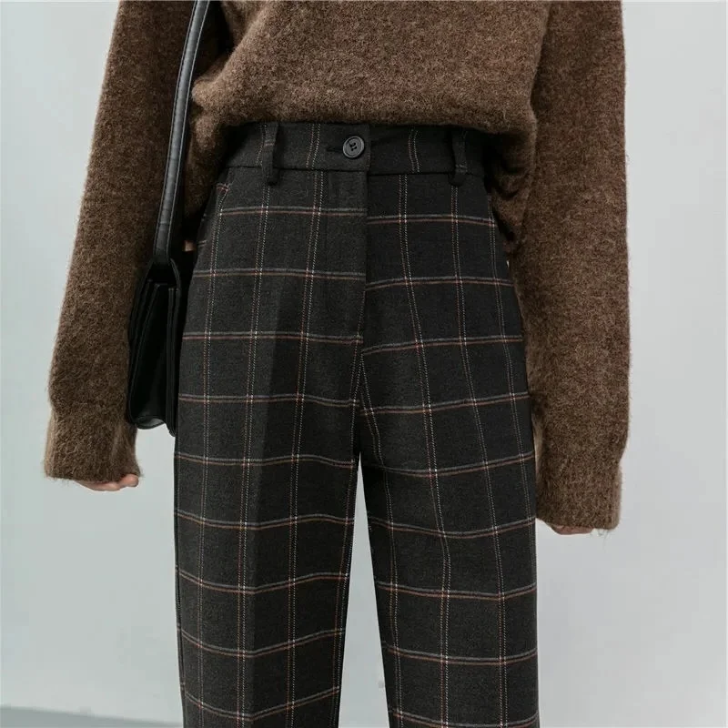 Autumn Women High Waist Plaid Pencil Pants Woolen Straight Trousers Slouchy Loose England Style Ankle-length Pant Pocket Cl