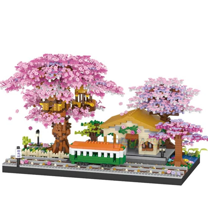 3668pcs 2022 DIY TRAIN STATION Discoloration Cherry Blossom Flower House Assembly Building Blocks Classic Model Bricks Sets Kid