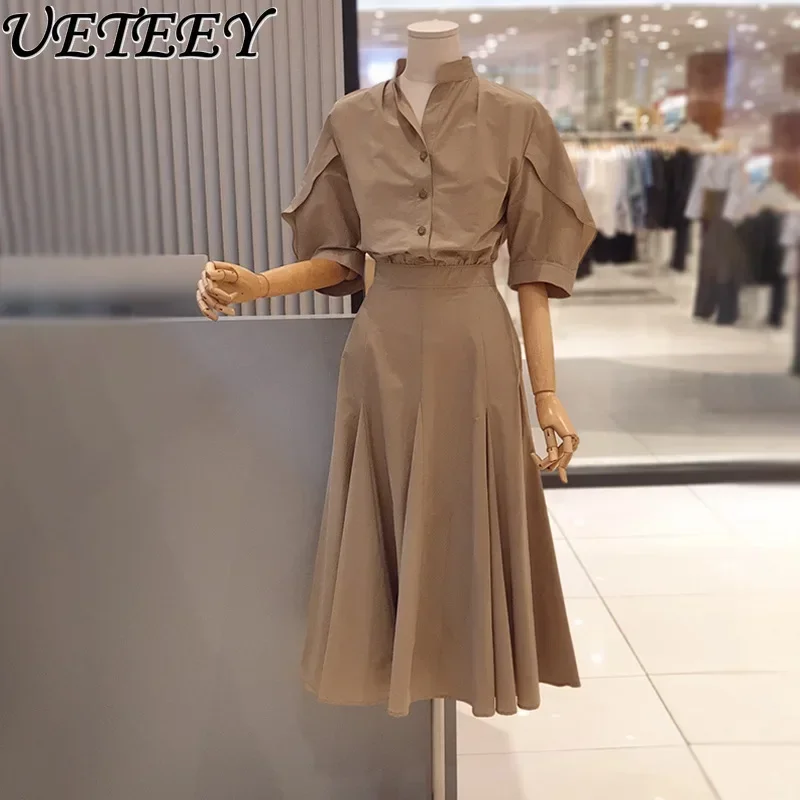 Модное дизайнерское платье с воротником-стойкой и рюшами на рукавах Новинка лета