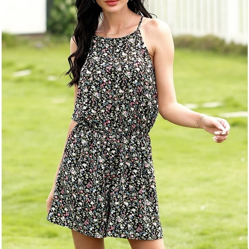 Casual Spaghetti Strap Jumpsuits Vintage Floral Sexy Women Summer Loose Hollow Out Shirring Sleeveless Playsuits Boho Fashion