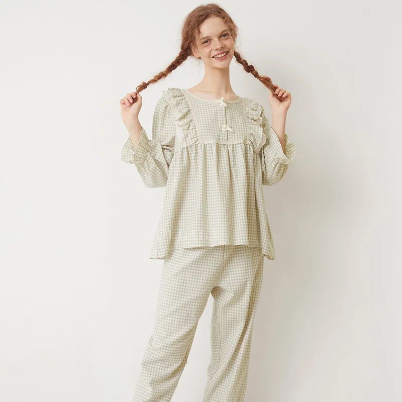 

Cute Pajamas Korean Pajama for Women Home Clothes Round Neck Plaid Roomwear Casual Wear