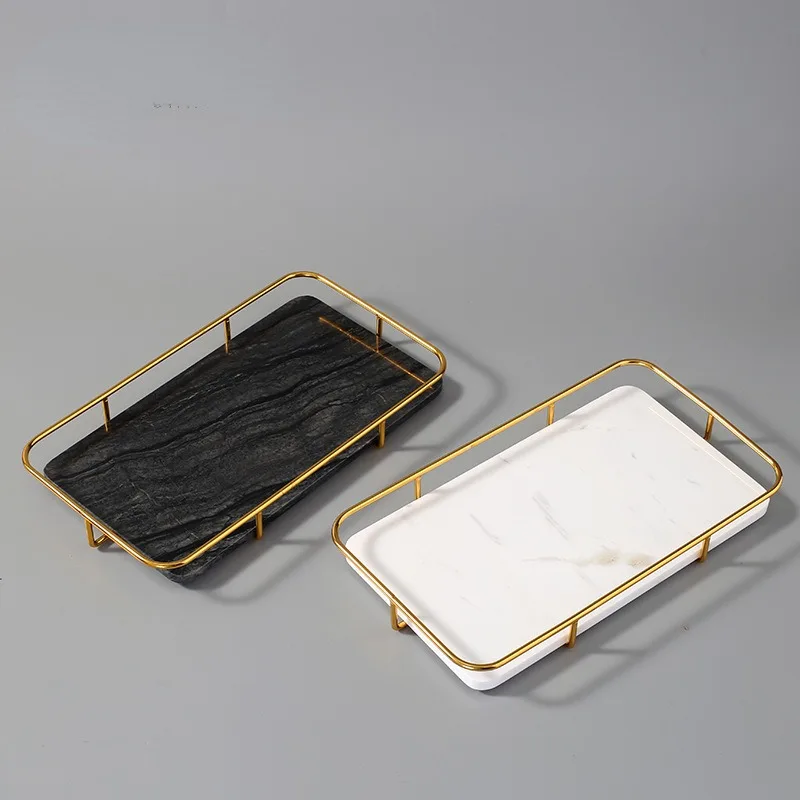 

Nordic Natural Marble Tray Metal Frame Storage Plate Bedroom Cosmetic Jewelry Storage Trays Cake Fruit Bread Pan Decor Ornaments