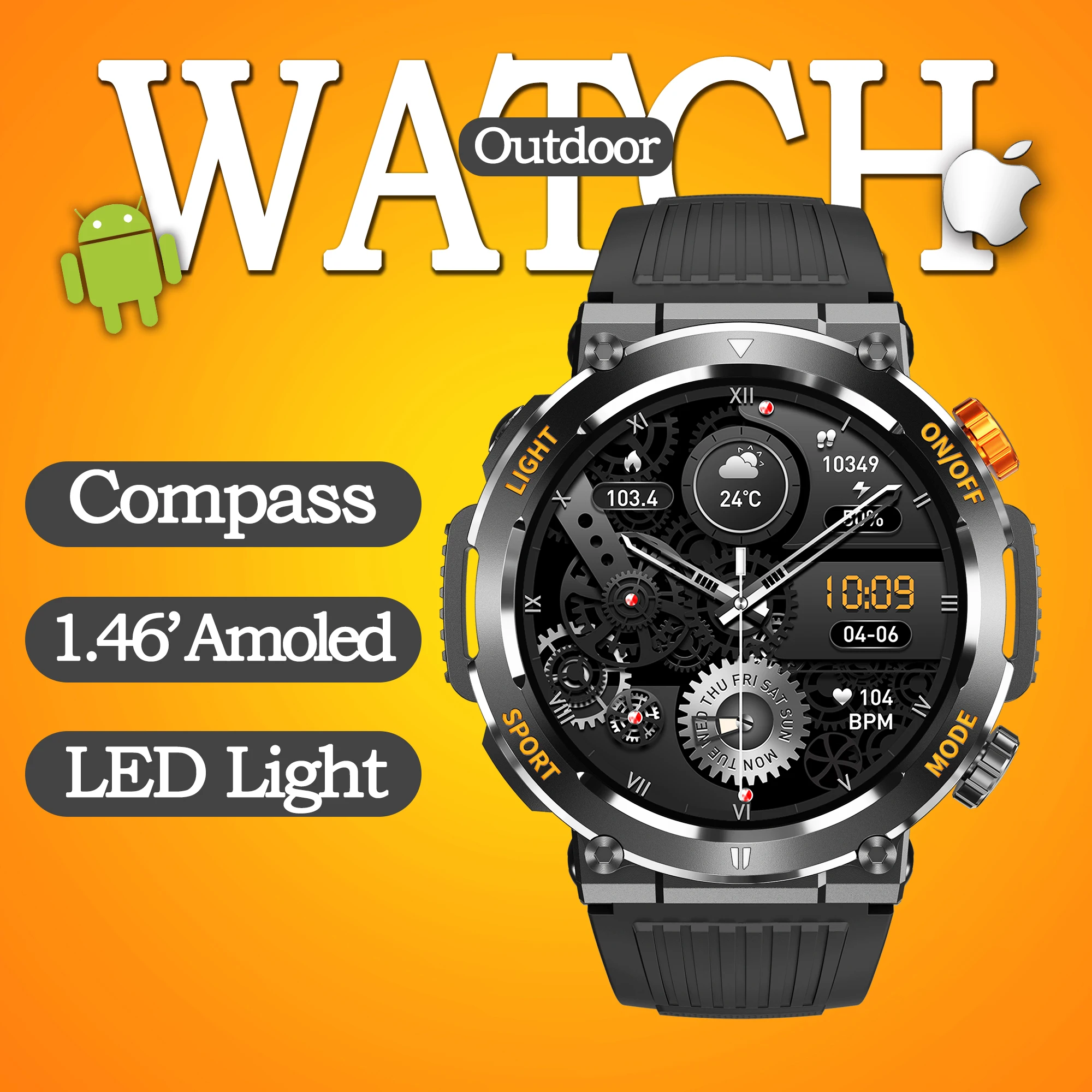 

1.46 Inch AMOLED Smart Watch Outdoor Sport Bluetooth Call Compass Emergency Lighting Smartwatch Men Fitness Tracker Waterproof