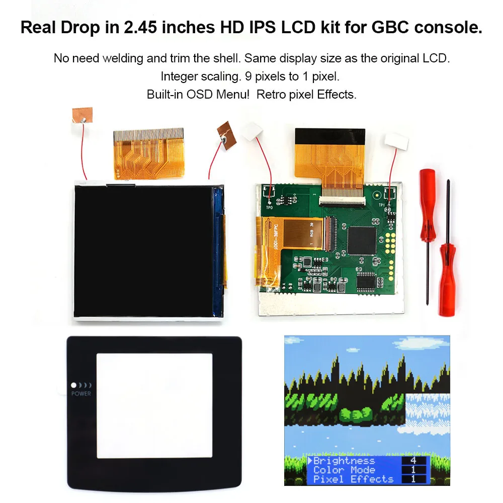 Фото Перезаряжаемый модуль для GBC с 2,45-дюймовым IPS-экраном с подсветкой, комплект для замены, простая установка, эффект пикселей OSD, не требует пайки. №3