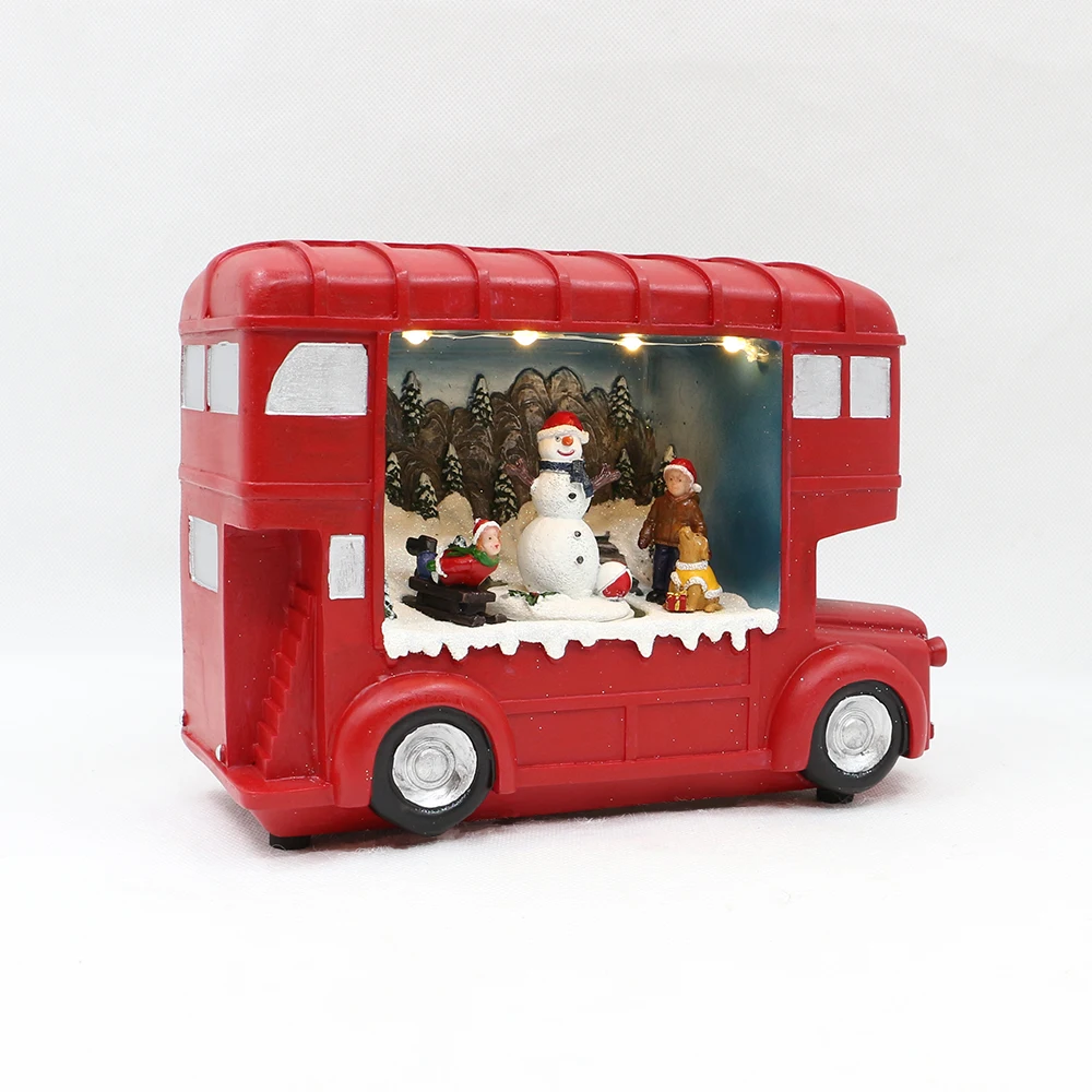 

Bus Model Christmas Decorations With Revolving Snowman New Year Xmas Party Ornaments With Music Playing Boy Presents