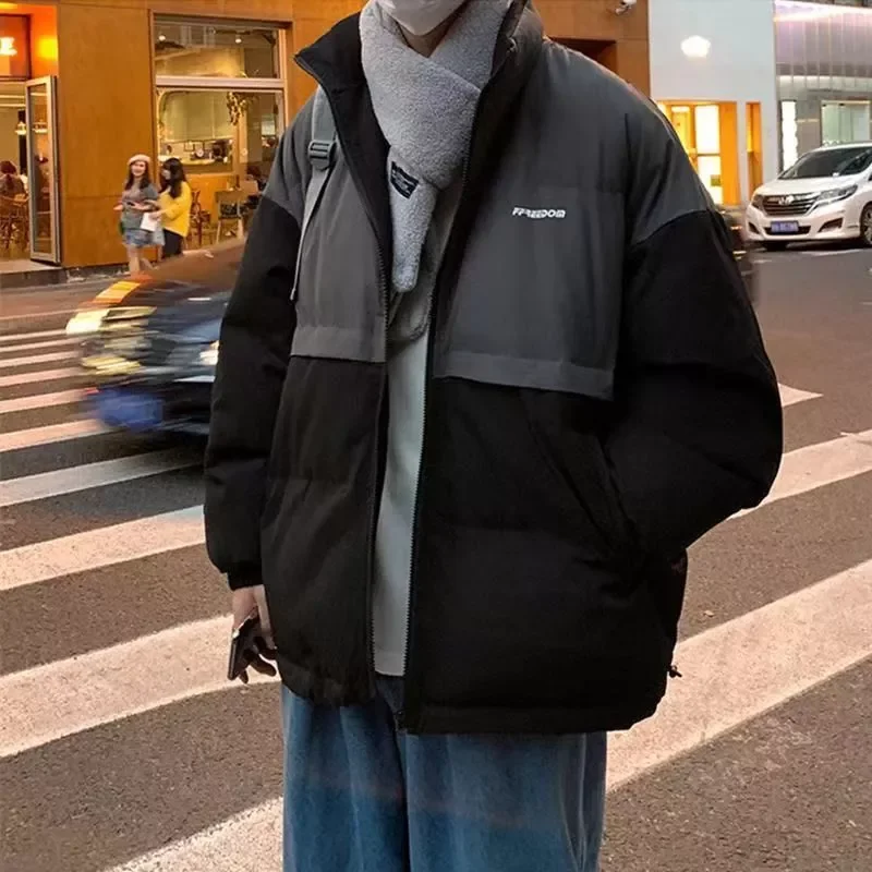 down coat men's thickened warmth stand-up collar Korean trend contrast color loose lovers padded Kong style cotton