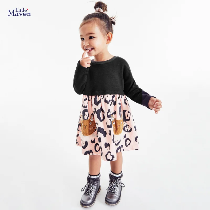 

Little maven 2023 Long Sleeves Casual Dress Cotton with Lovely Cat Spring and Autumn Comfort Pretty Kids Clothes 2-7 year
