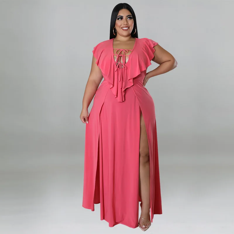Summer Sexy Strapless Backless Solid Dress  V-Neck Ruffle  Loose Long  Skirt Women's Plus Size Slit SkirtWholesale Dropshipping