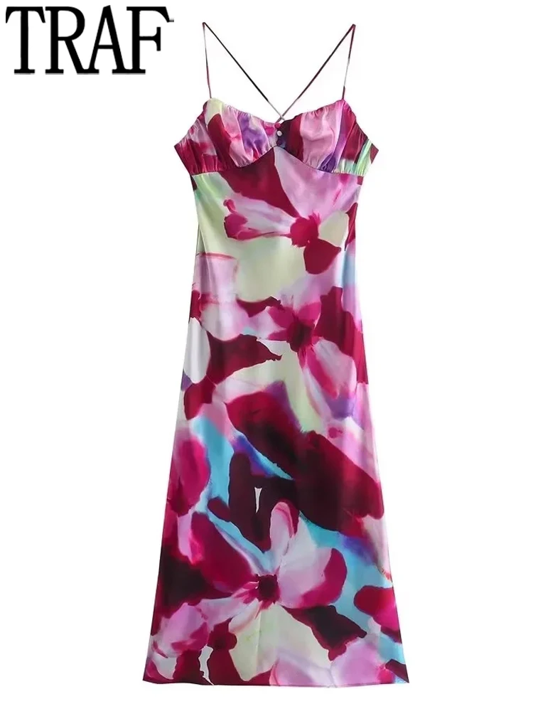 

TRAF Print Slip Long Dress Woman Camisole Midi Dress Women Sexy Backless Summer Dresses Woman 2022 Cross Straps Party Dresses