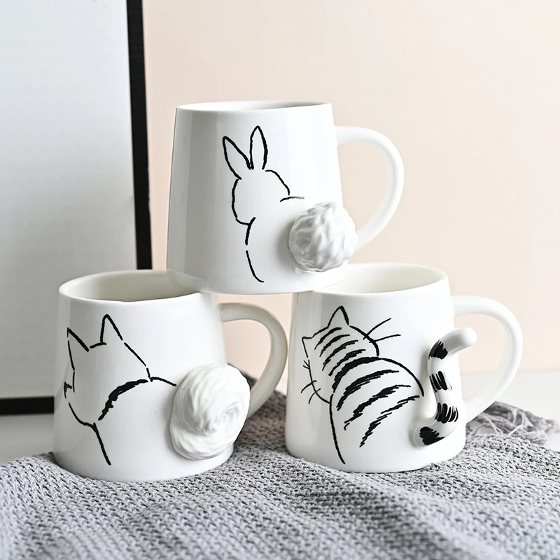 

Japanese Cartoon Creative 3D Three-dimensional Ceramic Mug Cute Cat Rabbit Dog Breakfast Milk Coffee Cup with Lid Spoon Set Gift