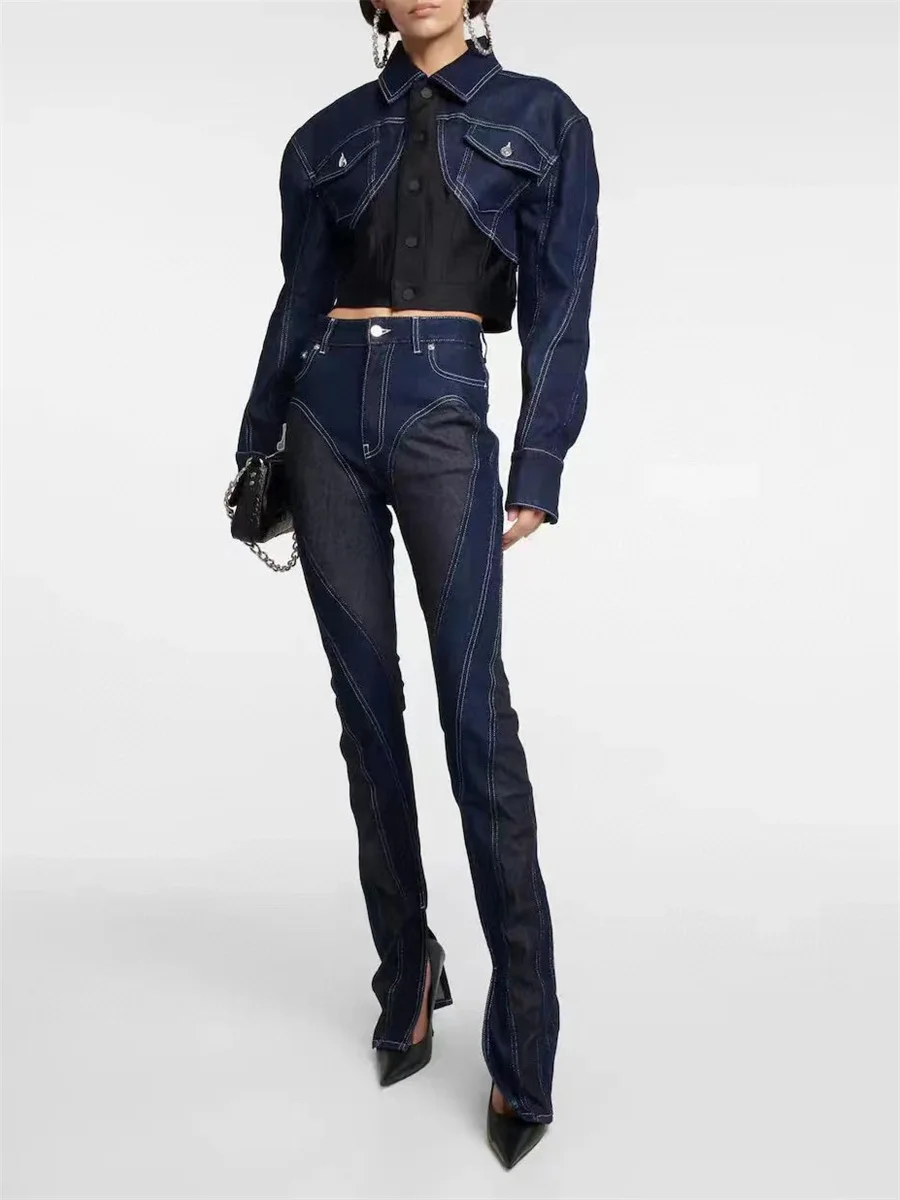

2023 summer new, women's contrast color wash splicing jeans, Korean fashion, pure cotton. Women's long pants,y2k clothes traf